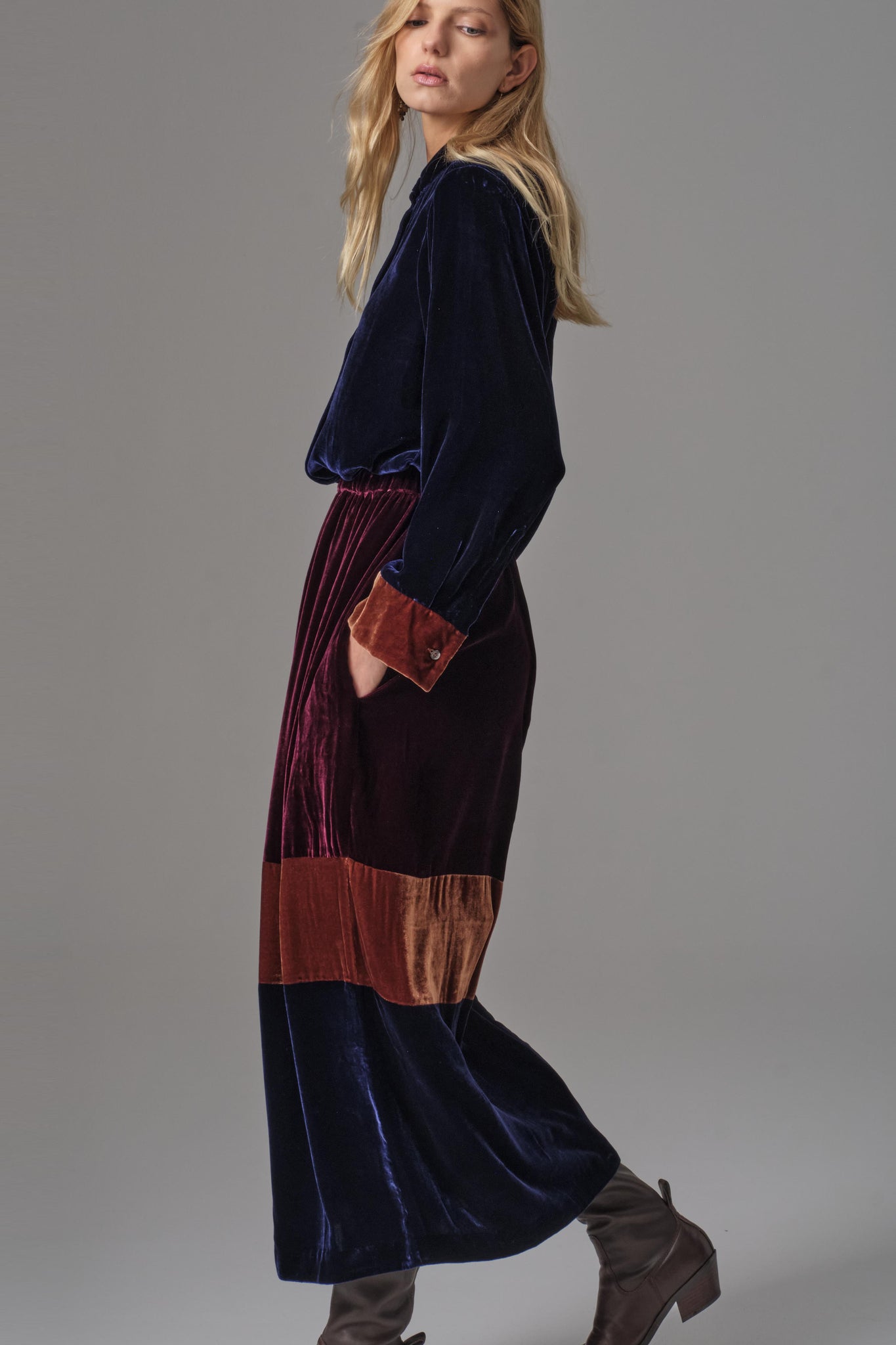 Silk Velvet Color Block Skirt