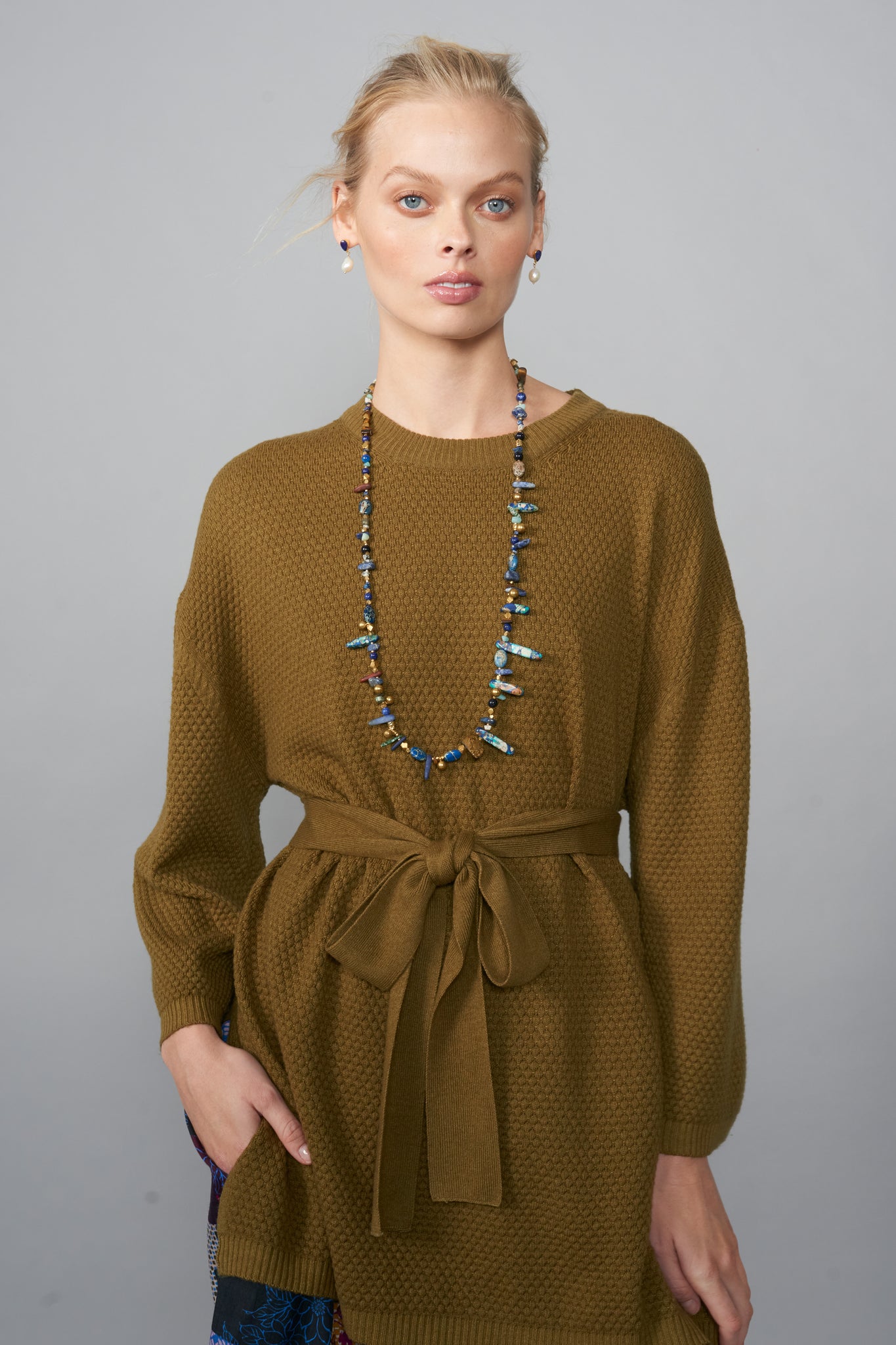 Cashmere Belted Knit Top - Khaki
