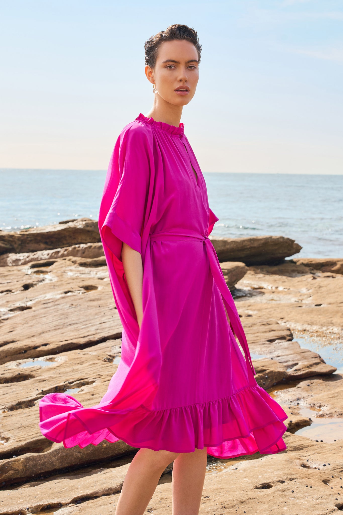 Fuscia Silk Crepe Kaftan & Slip