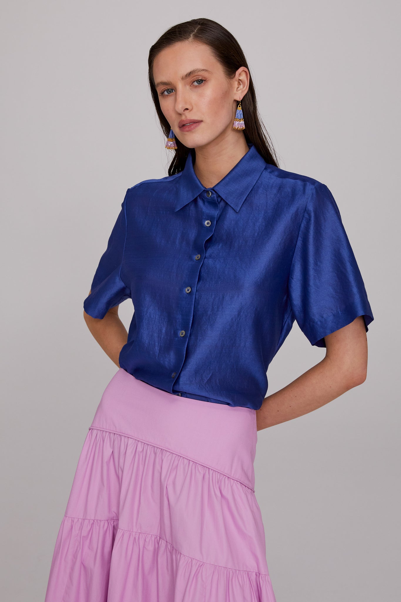 Silk Cotton Chanderi Shirt -Cobalt