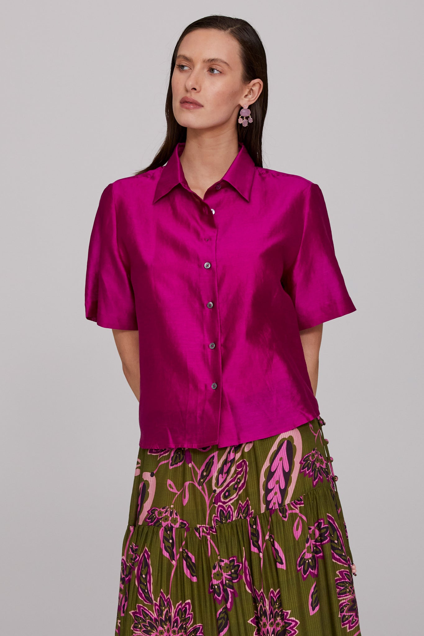 Silk Cotton Chanderi Shirt -Fuscia