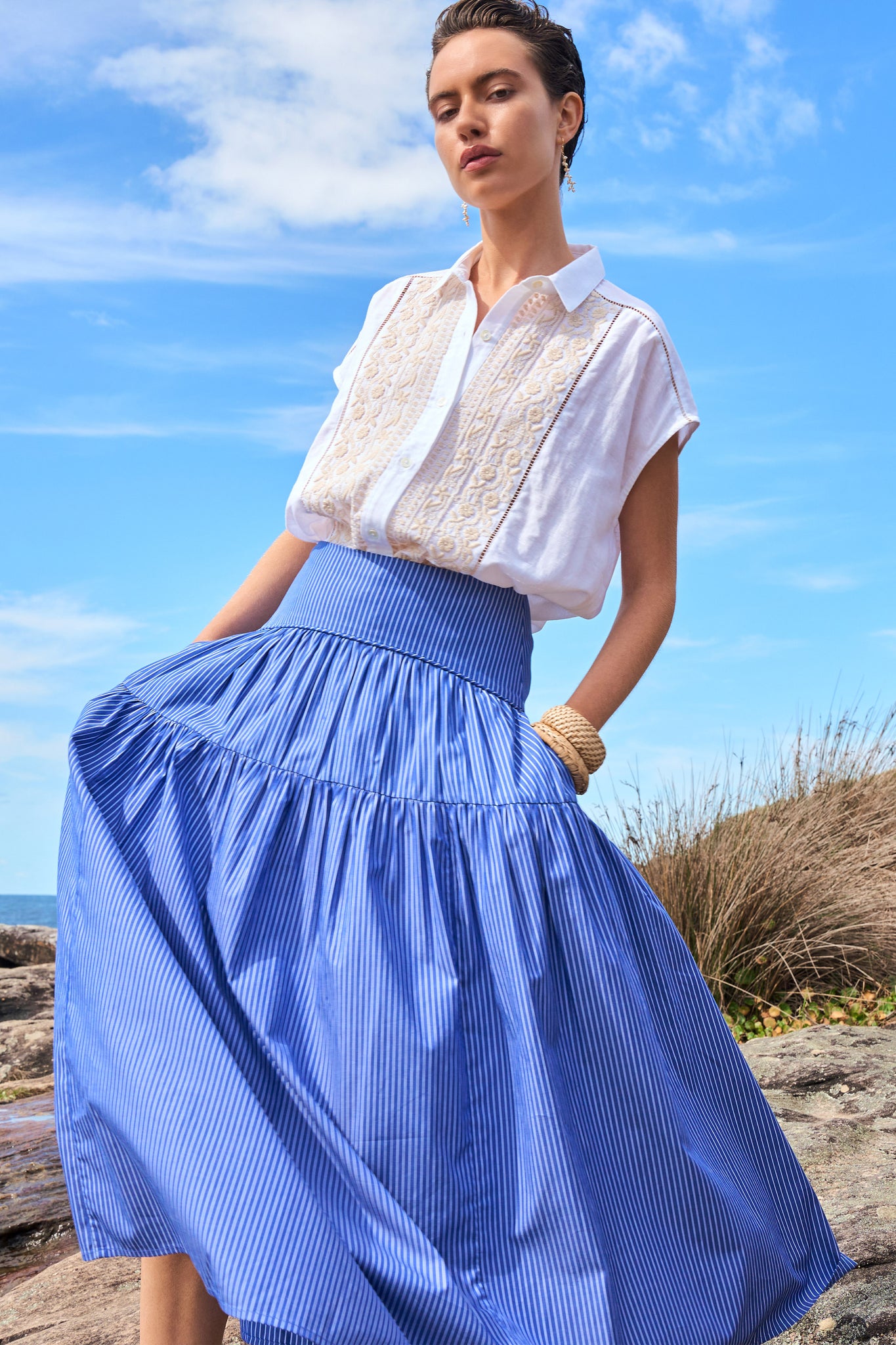 Cobalt Stripe Poplin Tiered Skirt