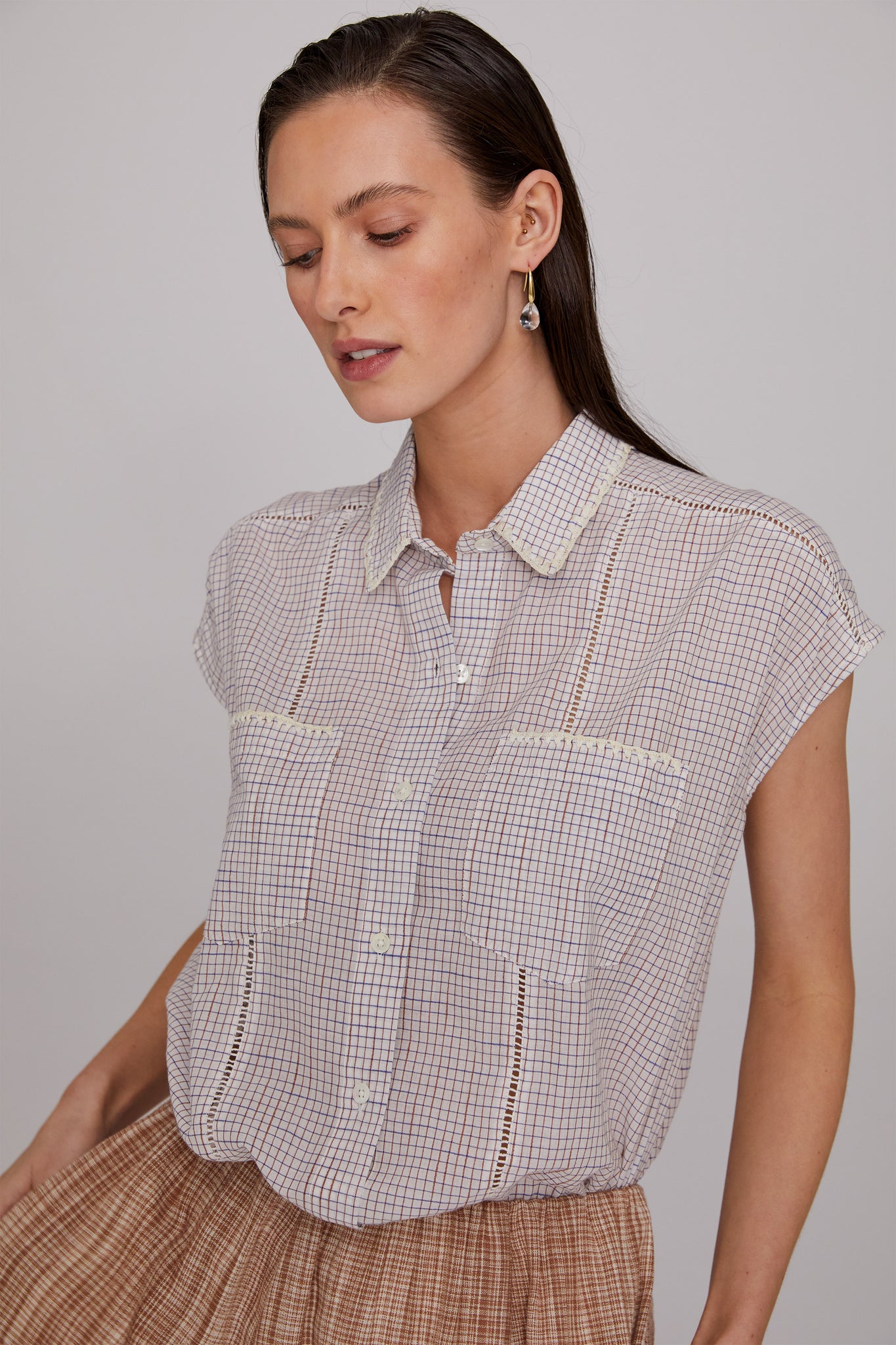 Khadi Check / Crochet Trim Top