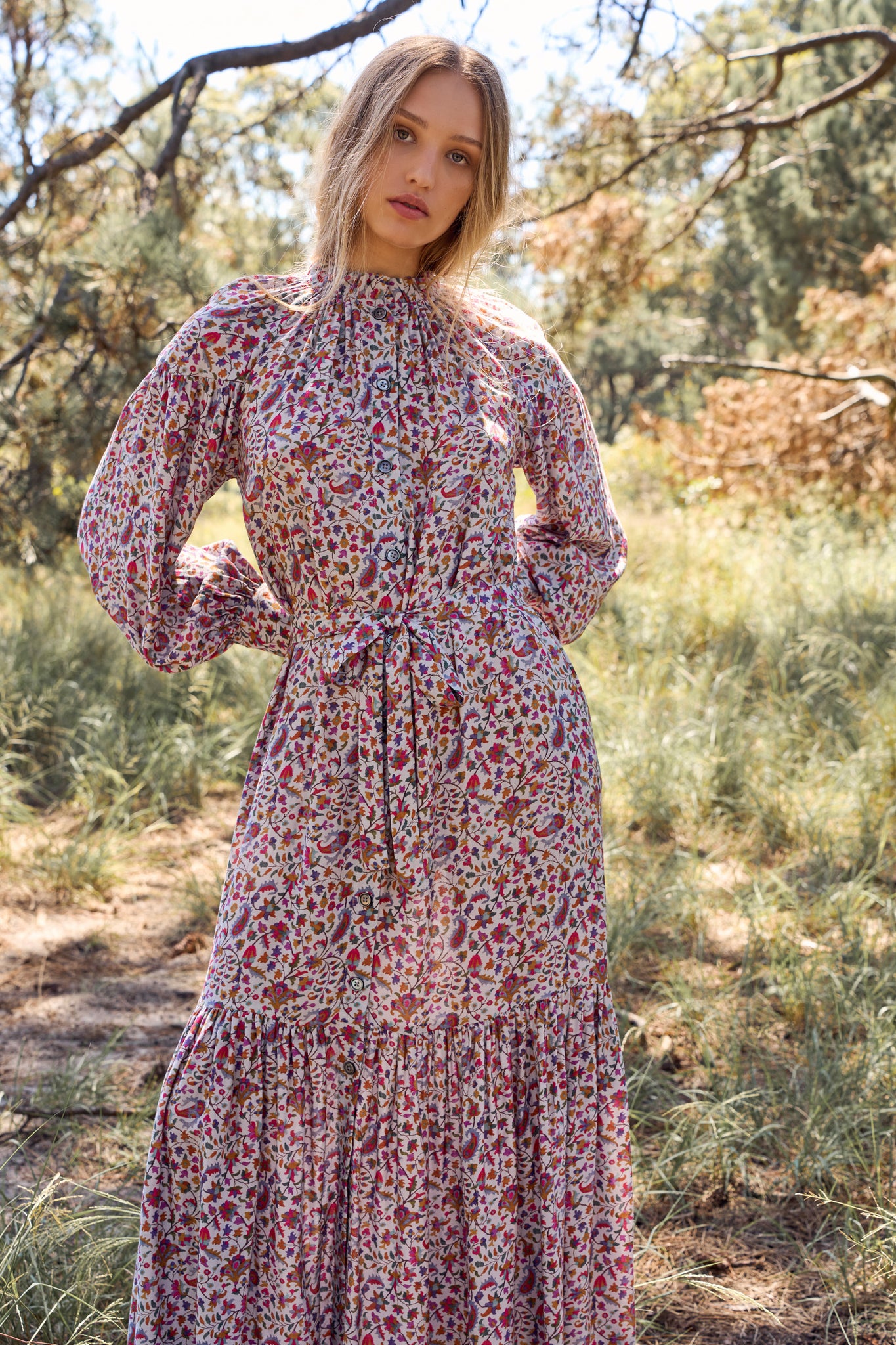 MEGAN PARK Siya Silver Twill Ruffle Dress | Floral Paisley Midi Dress ...
