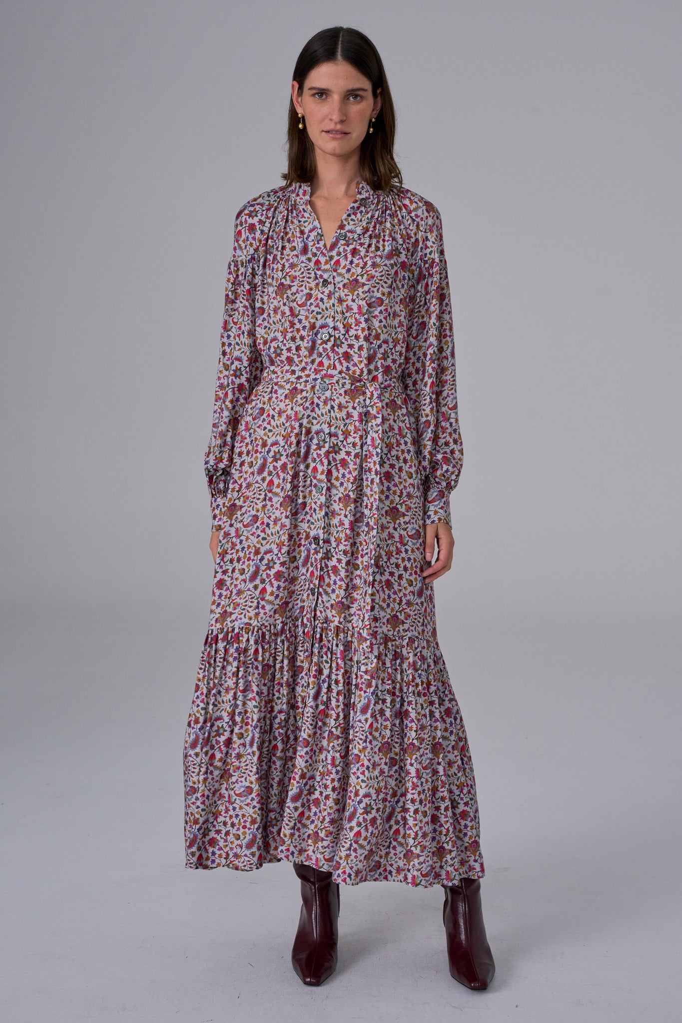 MEGAN PARK Siya Silver Twill Ruffle Dress | Floral Paisley Midi Dress ...