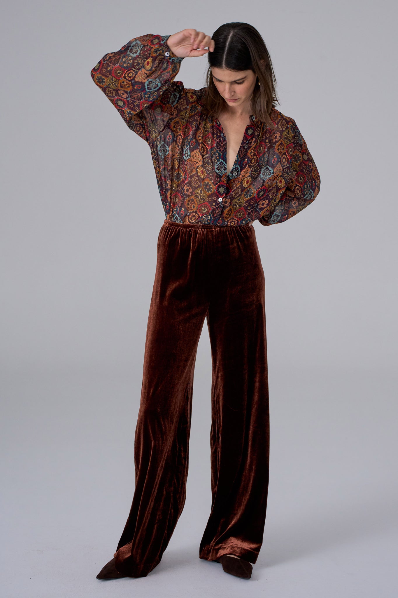 MEGAN PARK Copper Silk Velvet Palazzo Pant | Wide Leg Velvet Pant