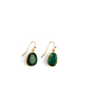 MEGAN PARK Malachite Single Drop Earrings featuring hand-faceted green malachite gemstones with natural banding and gold-plated silver hooks.