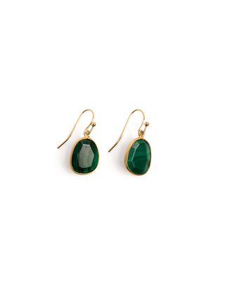 MEGAN PARK Malachite Single Drop Earrings featuring hand-faceted green malachite gemstones with natural banding and gold-plated silver hooks.