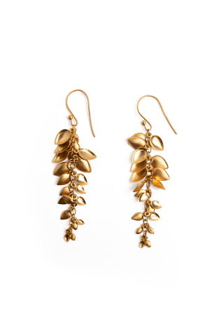 MEGAN PARK Gold Leaf Tendril Earrings featuring cascading brushed gold leaves suspended from fine gold chains.