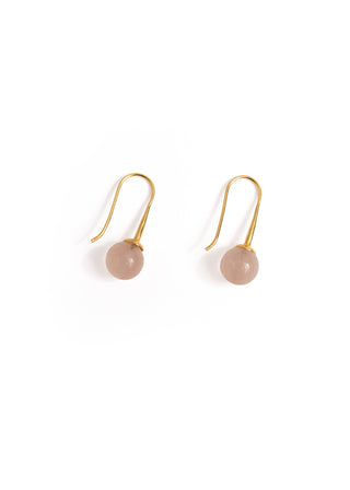 MEGAN PARK Rose Quartz Drop Earrings featuring polished blush-pink rose quartz spheres suspended from fine gold-plated hooks.