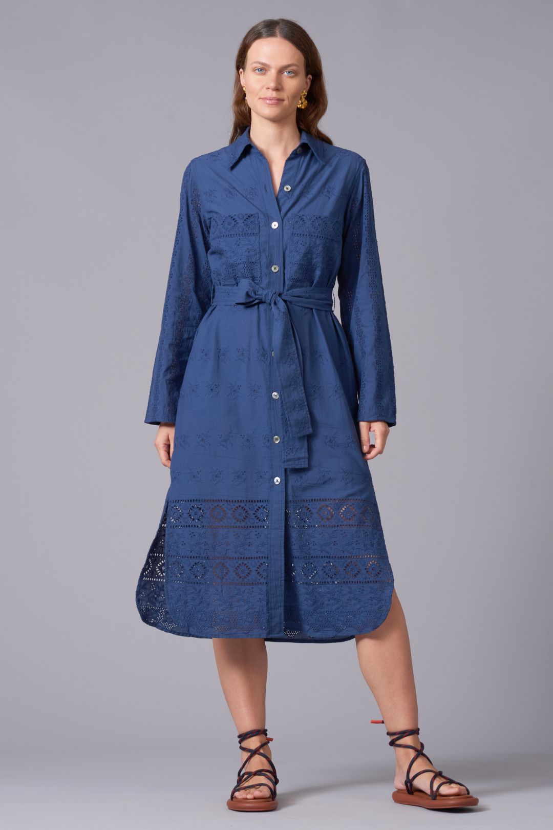 Broidery Midi Length Shirt Dress