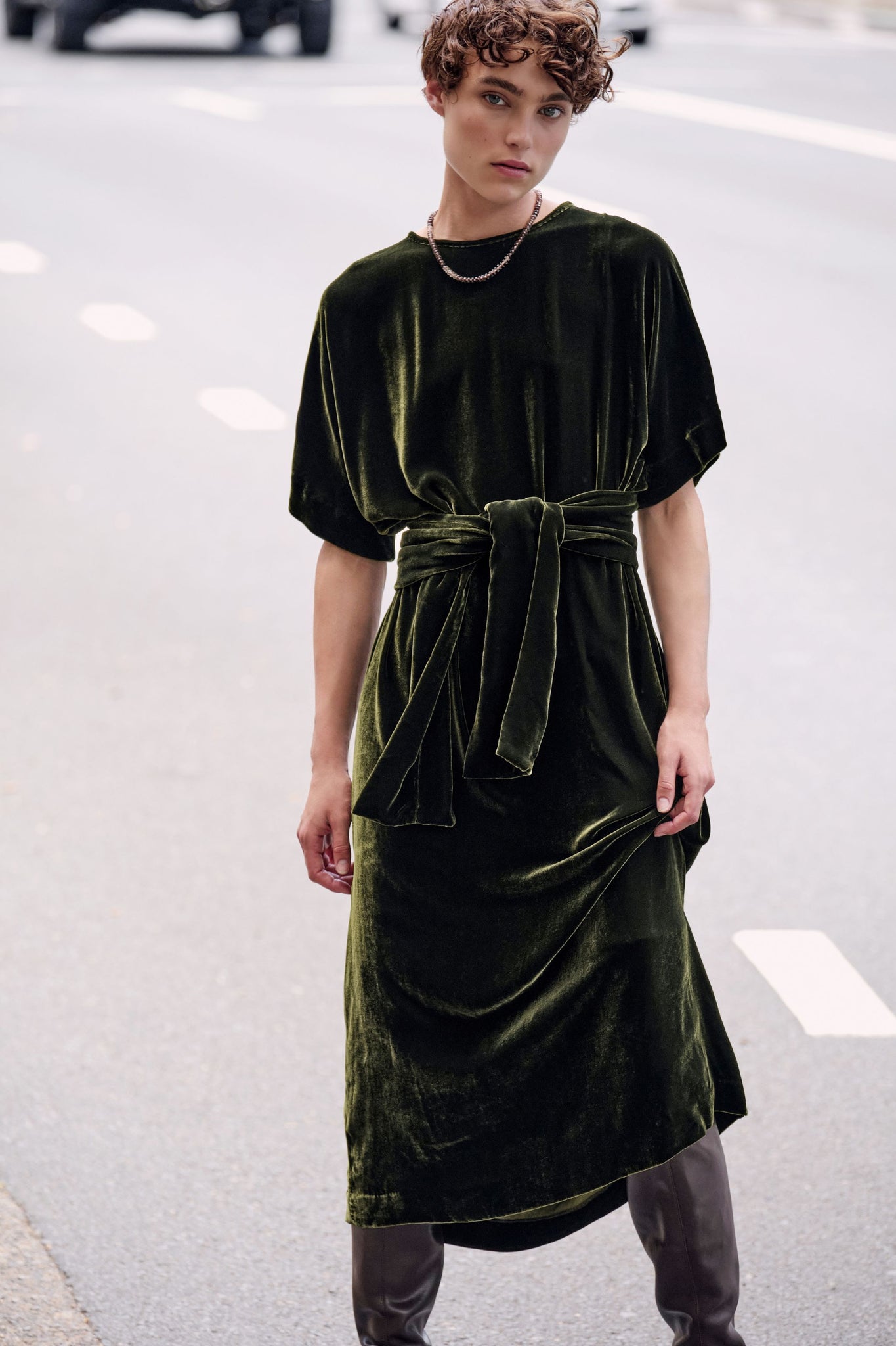 Silk Velvet Belted Dress - Olive